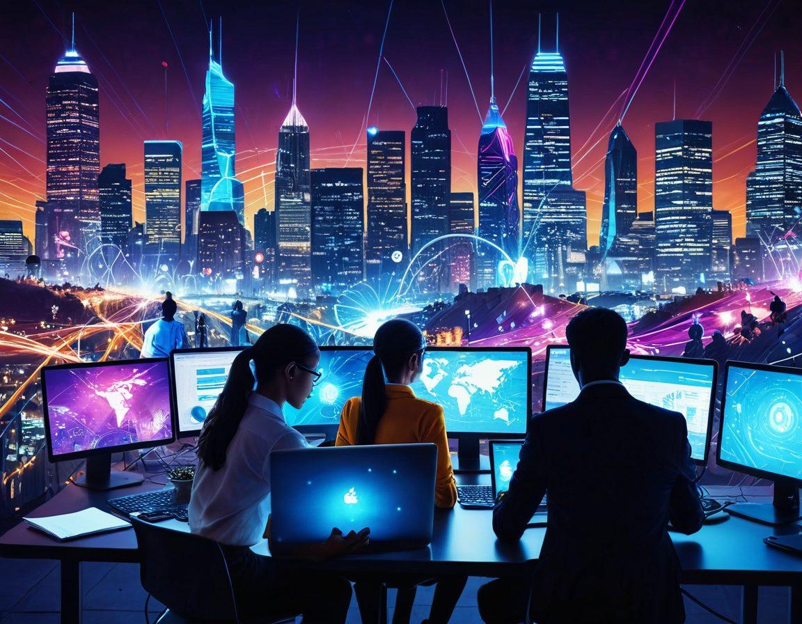 A vibrant digital landscape filled with diverse individuals engaging with various online tools and solutions. The scene showcases people of different backgrounds collaborating on laptops and tablets, surrounded by glowing connections and data streams. In the background, futuristic cityscapes symbolize a thriving digital life. The overall atmosphere is one of excitement and innovation. bright colors. super-realistic.