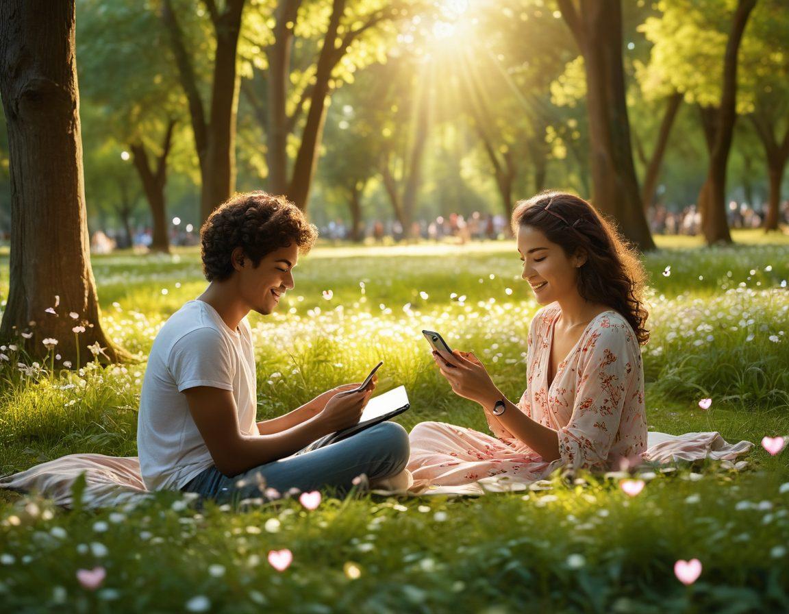 A serene landscape featuring diverse people joyfully connecting via devices against a backdrop of nature, with vibrant colors illustrating emotional well-being. Incorporate elements like a sunlit park, lush greenery, and technology seamlessly blending with nature. Include symbols of happiness, like musical notes and heart shapes floating in the air. super-realistic. vibrant colors. harmonious atmosphere.