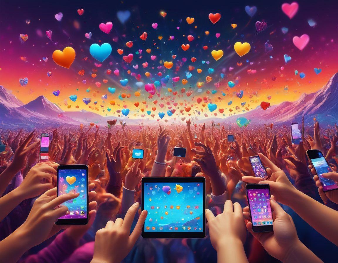 A vibrant digital landscape depicting joyful people connecting online through various devices, surrounded by colorful abstract representations of happiness like floating emojis and glowing screens. Include elements symbolizing community and support, such as interconnected hearts and hands reaching out. The background should be bright and uplifting, enhancing the theme of joy and connectivity. super-realistic. vibrant colors. 3D.